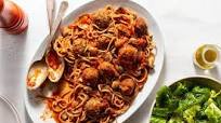 Spaghetti and meatballs with mushroom marinara and Italian salad Spaghetti and meatballs with mushroom marinara and Italian salad