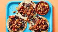 Cheesy Refried Bean Tostadas with Corn & Tomato Salsa Cheesy Refried Bean Tostadas with Corn & Tomato Salsa