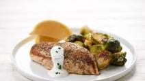 Chicken with Lemon-Chive Crema and Parmesan-roasted Brussels sprouts Chicken with Lemon-Chive Crema and Parmesan-roasted Brussels sprouts