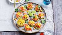 Mini prawn tostadas with mango salsa Mini prawn tostadas with mango salsa
