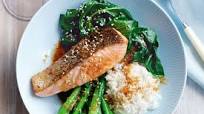 Salmon with sesame greens & ginger-soy dressing Salmon with sesame greens & ginger-soy dressing