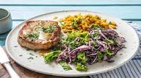 Maple-Glazed Pork Chops with Garlic-Butter Corn and Kale Slaw Maple-Glazed Pork Chops with Garlic-Butter Corn and Kale Slaw
