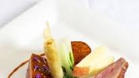 Roast duck crown with turnip, peach, duck croustillant and red wine jus Roast duck crown with turnip, peach, duck croustillant and red wine jus