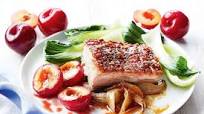 Slow-roasted pork belly with roasted plums Slow-roasted pork belly with roasted plums