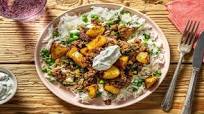 Mild Beef, Spinach and Sultana Curry with Bombay Potatoes and Cilantro Raita Mild Beef, Spinach and Sultana Curry with Bombay Potatoes and Cilantro Raita
