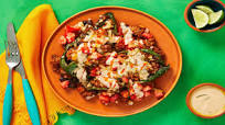 Pork Chili ’n’ Cheese Stuffed Poblanos with Black Beans, Fresh Salsa & Smoky Red Pepper Lime Crema Pork Chili ’n’ Cheese Stuffed Poblanos with Black Beans, Fresh Salsa & Smoky Red Pepper Lime Crema