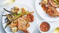 Berkshire Pork Chops & Cauliflower with Scallions and Romesco Pesto Berkshire Pork Chops & Cauliflower with Scallions and Romesco Pesto