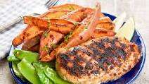 Grilled Montreal Chicken Breast with roasted hot honey sweet potatoes and snow peas Grilled Montreal Chicken Breast with roasted hot honey sweet potatoes and snow peas