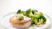 Pork Chop with Sage & Honey Butter with roasted garlic and hazelnut broccoli Pork Chop with Sage & Honey Butter with roasted garlic and hazelnut broccoli