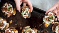 Smashed Potato Skins with Tzatziki and Bacon Smashed Potato Skins with Tzatziki and Bacon