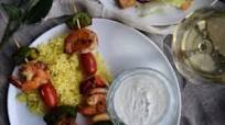 Grilled Shrimp Kabobs with Fresh Tzatziki Sauce Mixed Greens Salad Honeydew Melon Wrapped in Ham with Feta Grilled Shrimp Kabobs with Fresh Tzatziki Sauce Mixed Greens Salad Honeydew Melon Wrapped in Ham with Feta