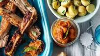 Roast pork belly with peach relish and potato and parsley salad Roast pork belly with peach relish and potato and parsley salad
