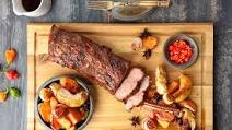 Roast wild boar loin, mango powder, roasted apples, chilli and star anise Roast wild boar loin, mango powder, roasted apples, chilli and star anise