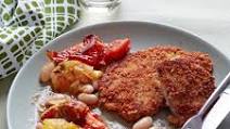Breaded Pork Cutlets with Roasted Tomatoes & White Beans Breaded Pork Cutlets with Roasted Tomatoes & White Beans