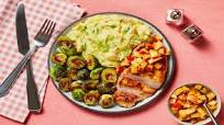 Brown Sugar Bourbon Pork Chops with Apple Pan Sauce, Scallion Mashed Potatoes & Roasted Brussels Sprouts Brown Sugar Bourbon Pork Chops with Apple Pan Sauce, Scallion Mashed Potatoes & Roasted Brussels Sprouts