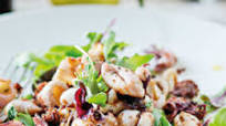 Lemony squid with baby leaves and bruschetta Lemony squid with baby leaves and bruschetta