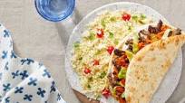 Za'atar Beef & Tzatziki Pitas with Couscous, Goat Cheese, & Pickled Peppers Za'atar Beef & Tzatziki Pitas with Couscous, Goat Cheese, & Pickled Peppers