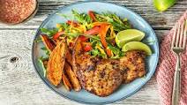 Jerk Chicken Thighs with a Mango Bell Pepper Salad and Sweet Potato Wedges Jerk Chicken Thighs with a Mango Bell Pepper Salad and Sweet Potato Wedges