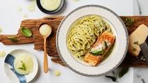 Grilled Salmon with Spaghetti Creamy Pesto Sauce Grilled Salmon with Spaghetti Creamy Pesto Sauce