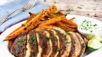 Chicken Breast a la Brasa with sweet potato fries and jalapeño-garlic dipping sauce Chicken Breast a la Brasa with sweet potato fries and jalapeño-garlic dipping sauce