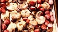 Perogy & Farmer Sausage Sheet Pan w/Mushrooms Perogy & Farmer Sausage Sheet Pan w/Mushrooms