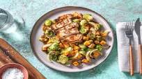Maple-Mustard Pork Chops with Brussels Sprouts and Sweet Potatoes Maple-Mustard Pork Chops with Brussels Sprouts and Sweet Potatoes