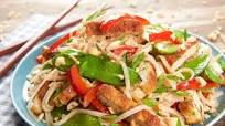 Crispy Tofu and Rice Noodles with snow peas and red bell pepper Crispy Tofu and Rice Noodles with snow peas and red bell pepper