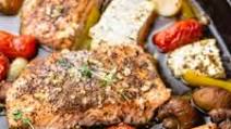 Baked Salmon with Vegetables and Feta Baked Salmon with Vegetables and Feta