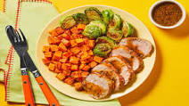 Honey Thyme Pork Tenderloin with Roasted Sweet Potatoes & Brussels Sprouts Honey Thyme Pork Tenderloin with Roasted Sweet Potatoes & Brussels Sprouts