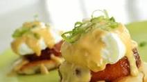 Eggs Shanghai (Eggs Benedict with Char Siu Pork Tenderloin, Mini Scallion Pancakes, and Hoisin Hollandaise) Eggs Shanghai (Eggs Benedict with Char Siu Pork Tenderloin, Mini Scallion Pancakes, and Hoisin Hollandaise)
