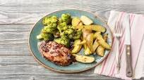 Cherry-and-Balsamic-Glazed Pork Chops with Crispy Broccoli and Potatoes Cherry-and-Balsamic-Glazed Pork Chops with Crispy Broccoli and Potatoes