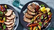 Moroccan Roast Pork Tenderloin with Winter Veggies & Mint Sauce Moroccan Roast Pork Tenderloin with Winter Veggies & Mint Sauce