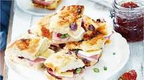 Brie, ham and chilli jam focaccia squares Brie, ham and chilli jam focaccia squares
