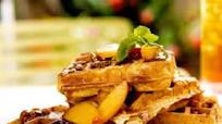 Sour Cream Waffles with Fresh Peaches and Toasted Pecan Praline Sauce Sour Cream Waffles with Fresh Peaches and Toasted Pecan Praline Sauce