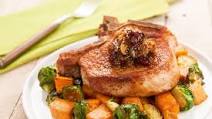 Pork Chop and Cranberry Mostarda with roasted sweet potatoes and Brussels sprouts Pork Chop and Cranberry Mostarda with roasted sweet potatoes and Brussels sprouts