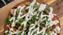 Greek Chicken Flatbread Pizza with Feta Tzatziki Dressing Greek Chicken Flatbread Pizza with Feta Tzatziki Dressing