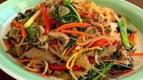 Japchae (Sweet potato starch noodles stir fried with vegetables) Japchae (Sweet potato starch noodles stir fried with vegetables)