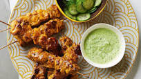 Chicken tikka masala skewers with coriander dressing Chicken tikka masala skewers with coriander dressing