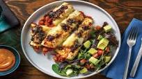 Cheesy BBQ Smashed Chickpea Enchiladas & Avo Salad with Caramelised Onion & BBQ Mayo Cheesy BBQ Smashed Chickpea Enchiladas & Avo Salad with Caramelised Onion & BBQ Mayo