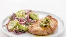 Jalapeño Butter Pork Chop with cilantro lime chayote Jalapeño Butter Pork Chop with cilantro lime chayote