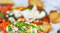 Burrata Caprese Crostini with Sautéed Cherry Tomatoes Burrata Caprese Crostini with Sautéed Cherry Tomatoes