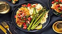 Bruschetta Chicken with a Crispy Mozzarella Crust, Bacon Mashed Potatoes, and Asparagus Bruschetta Chicken with a Crispy Mozzarella Crust, Bacon Mashed Potatoes, and Asparagus