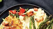 Bruschetta Chicken with a Crispy Mozzarella Crust, Bacon Mashed Potatoes, and Asparagus Bruschetta Chicken with a Crispy Mozzarella Crust, Bacon Mashed Potatoes, and Asparagus
