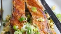 Grilled Salmon Steak with Green Onion Vinaigrette Grilled Salmon Steak with Green Onion Vinaigrette