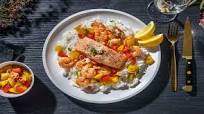 Cajun Salmon and Shrimp on Savoury Rice with Blistered Pepper Salsa Cajun Salmon and Shrimp on Savoury Rice with Blistered Pepper Salsa