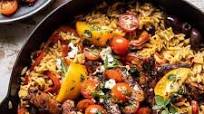 One Skillet Greek Chicken and Orzo with Tomatoes, Feta, and Tzatziki One Skillet Greek Chicken and Orzo with Tomatoes, Feta, and Tzatziki