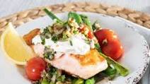 Lebanese Style Tarator Salmon with Greens & Cherry tomatoes Lebanese Style Tarator Salmon with Greens & Cherry tomatoes