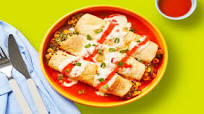 Southwest Corn & Zucchini Flautas with Enchilada Sauce & Queso Blanco Southwest Corn & Zucchini Flautas with Enchilada Sauce & Queso Blanco