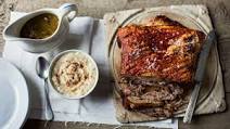 Roast pork belly with apple bread sauce and rib gravy Roast pork belly with apple bread sauce and rib gravy